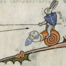 drawing of habit riding on snail with human face
