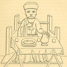 drawing of three-faced person at table
