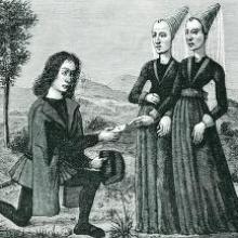 drawing of man taking woman's hand on bended knee